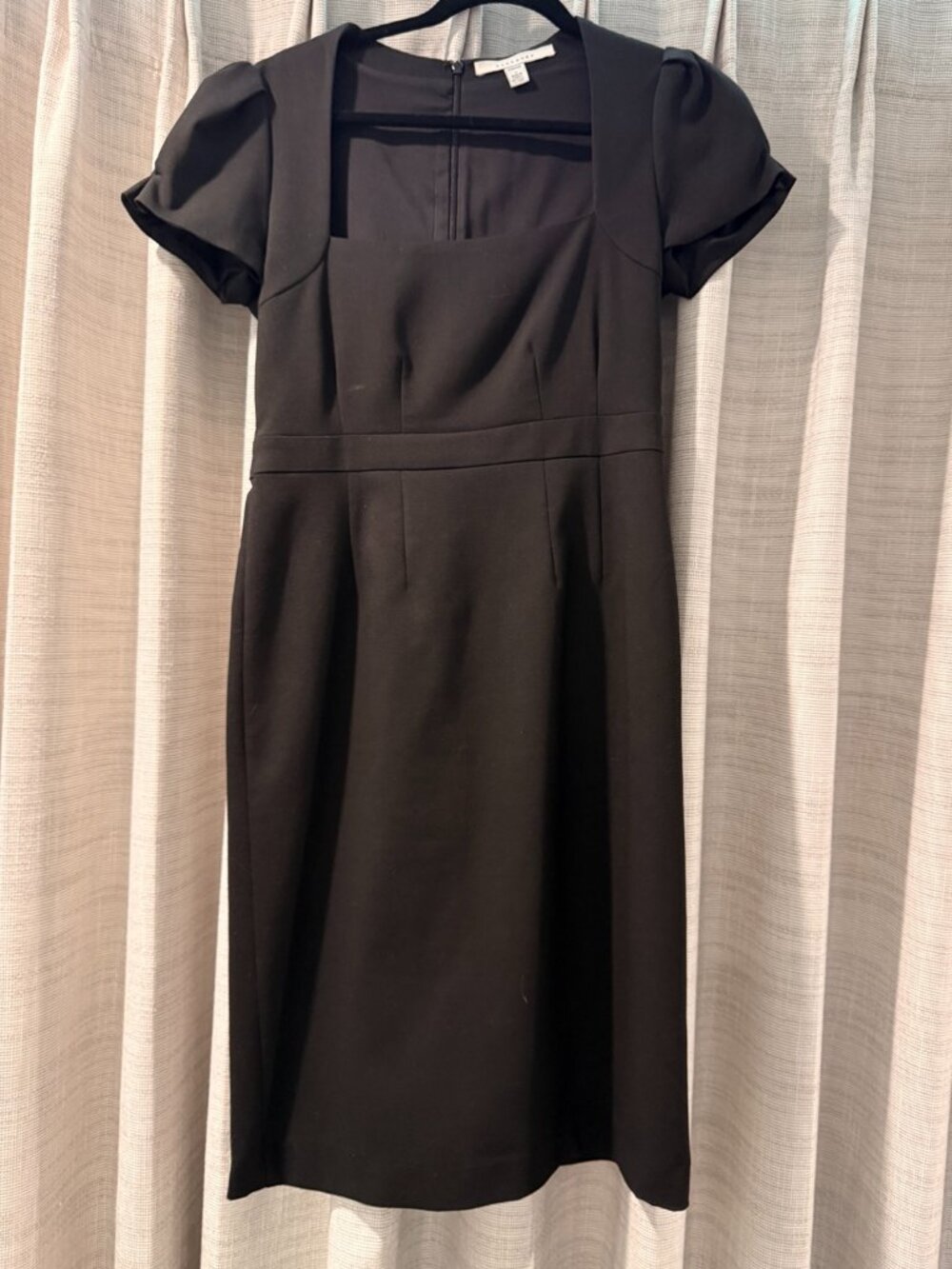Allegory Black Sheath Dress Size 4 Puff Sleeve Square Neck Stretch Career